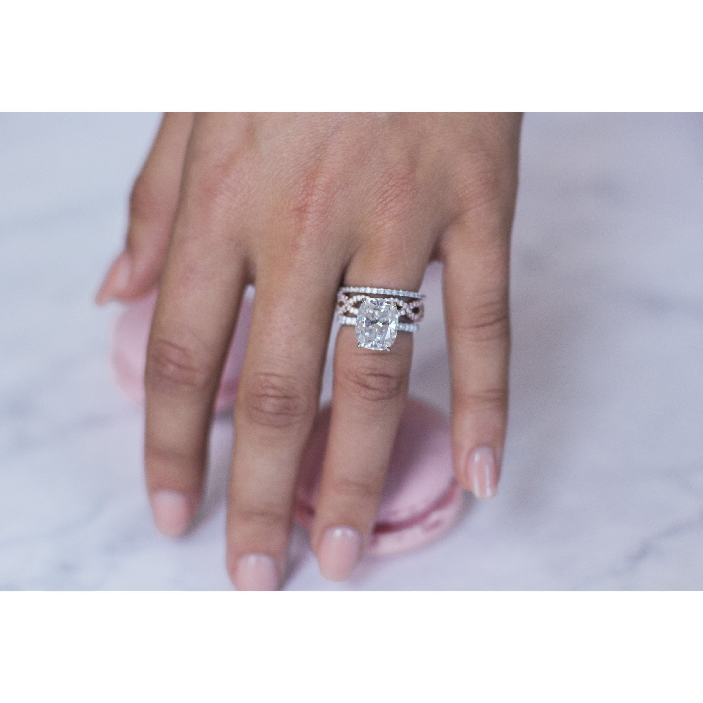 5.0 CT Elongated Cushion Moissanite Hidden Halo With Pave Setting Engagement Ring
