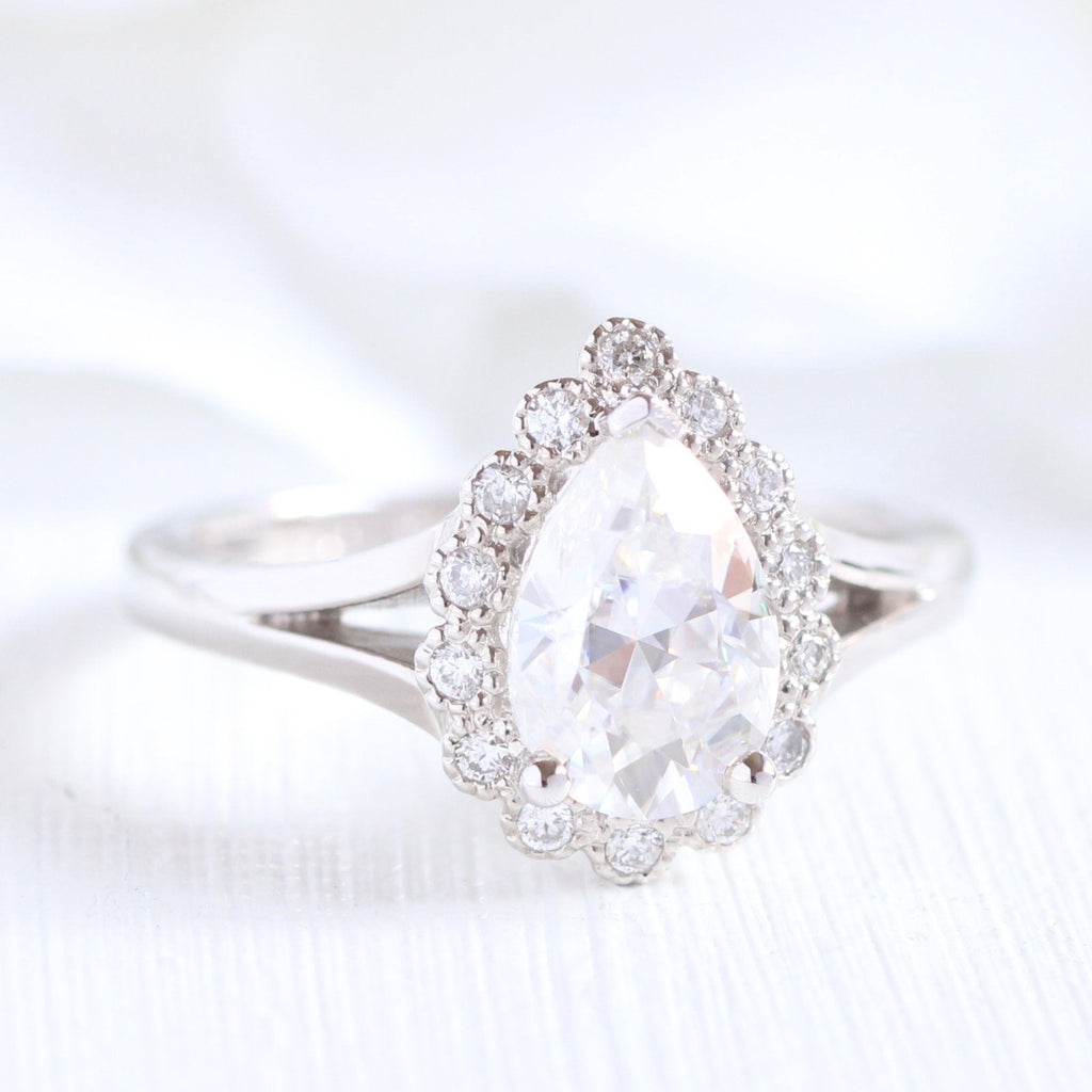 1.50 CT Pear Cut Moissanite Halo Split Shank Style Engagement Ring