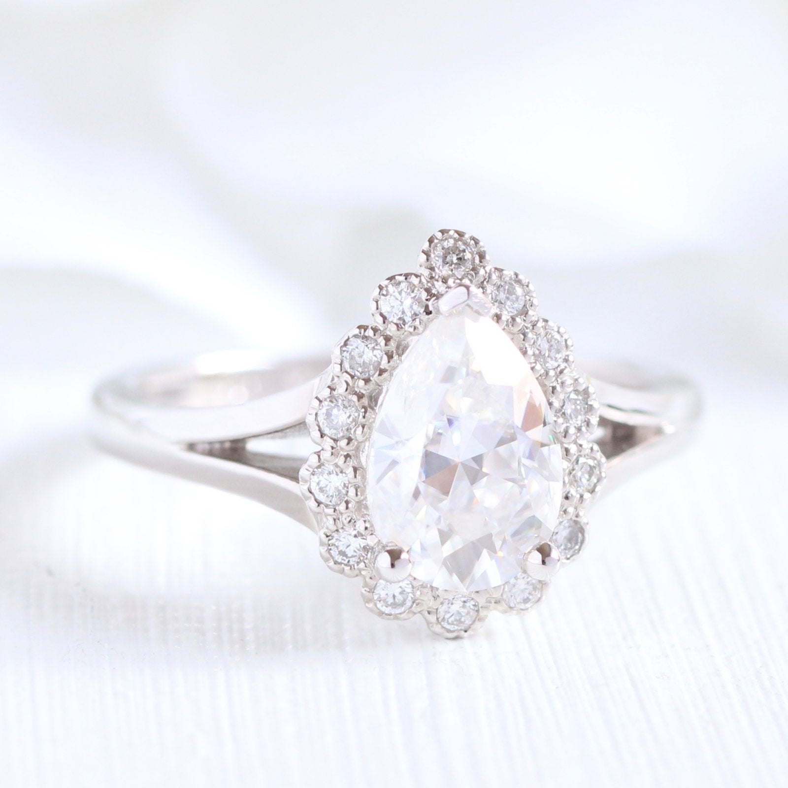 1.50 CT Pear Cut Moissanite Halo Split Shank Style Engagement Ring