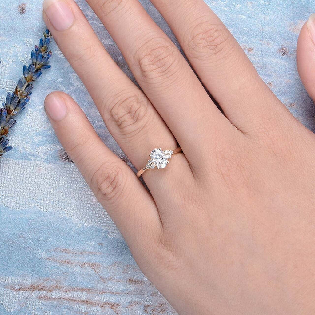 1.0CT Oval Cut Cluster Style Moissanite Engagement Ring