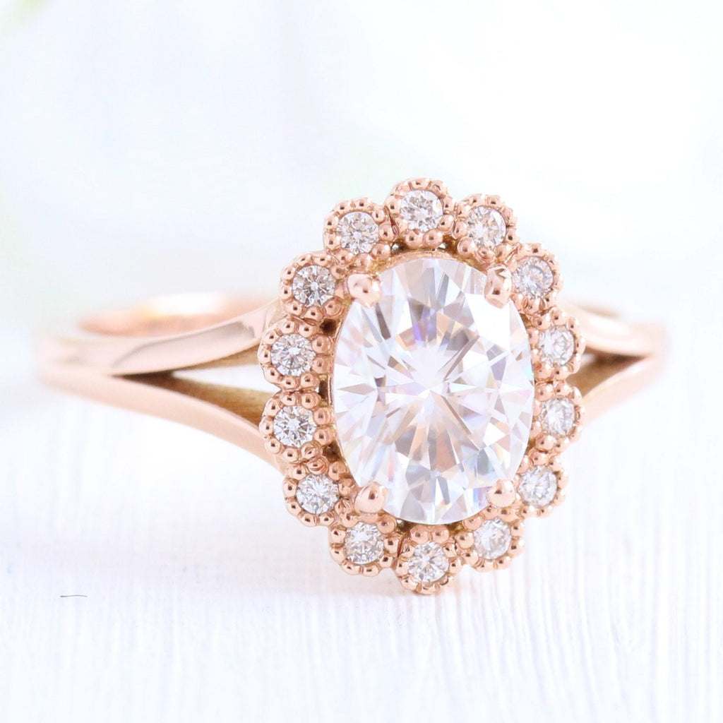 1.50 CT Oval Cut Moissanite Halo Split Shank Style Engagement Ring