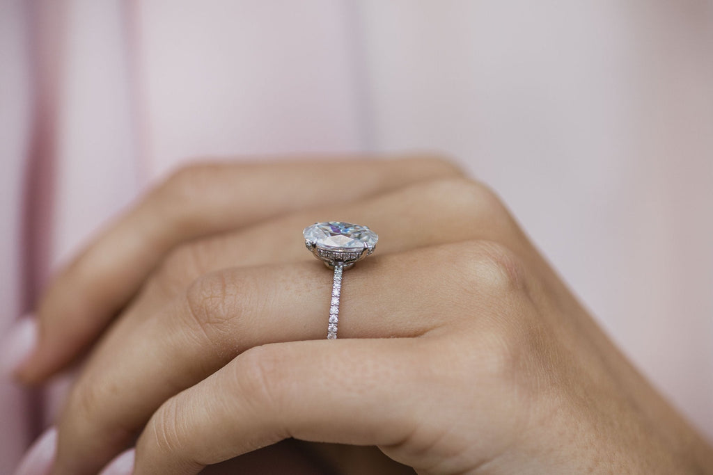 4.0 CT Oval Moissanite Hidden Halo & Pave Setting Engagement Ring