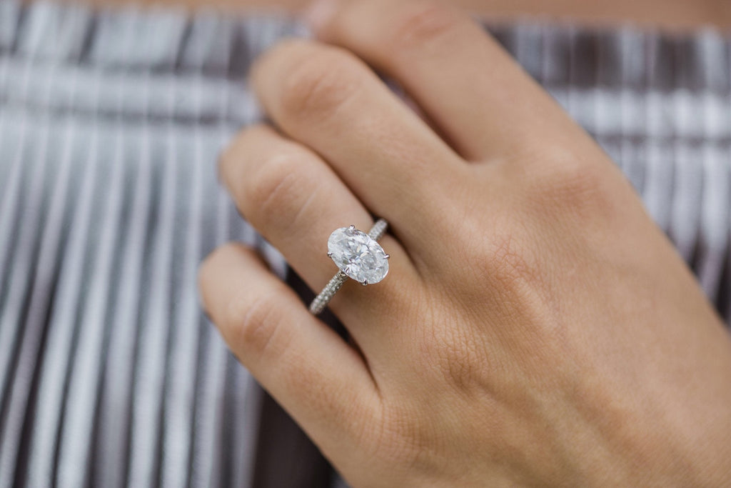 3.40 CT Elongated Oval Moissanite Hidden Halo & Pave Setting Engagement Ring
