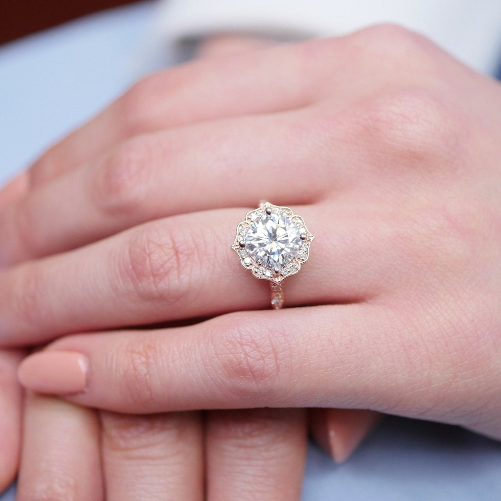 2.30 CT Cushion Moissanite Vintage Halo Engagement Ring