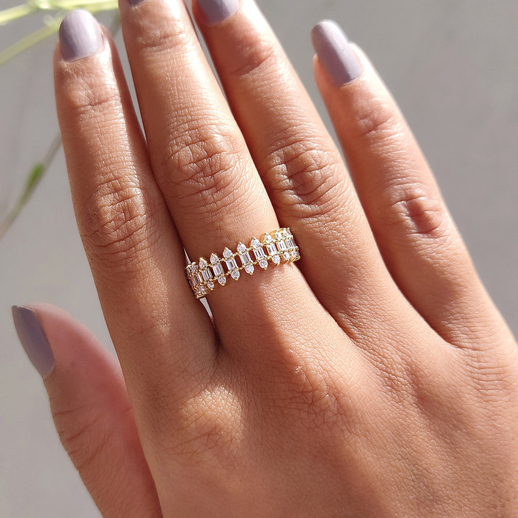 Unique Wedding Band - Three Row Eternity