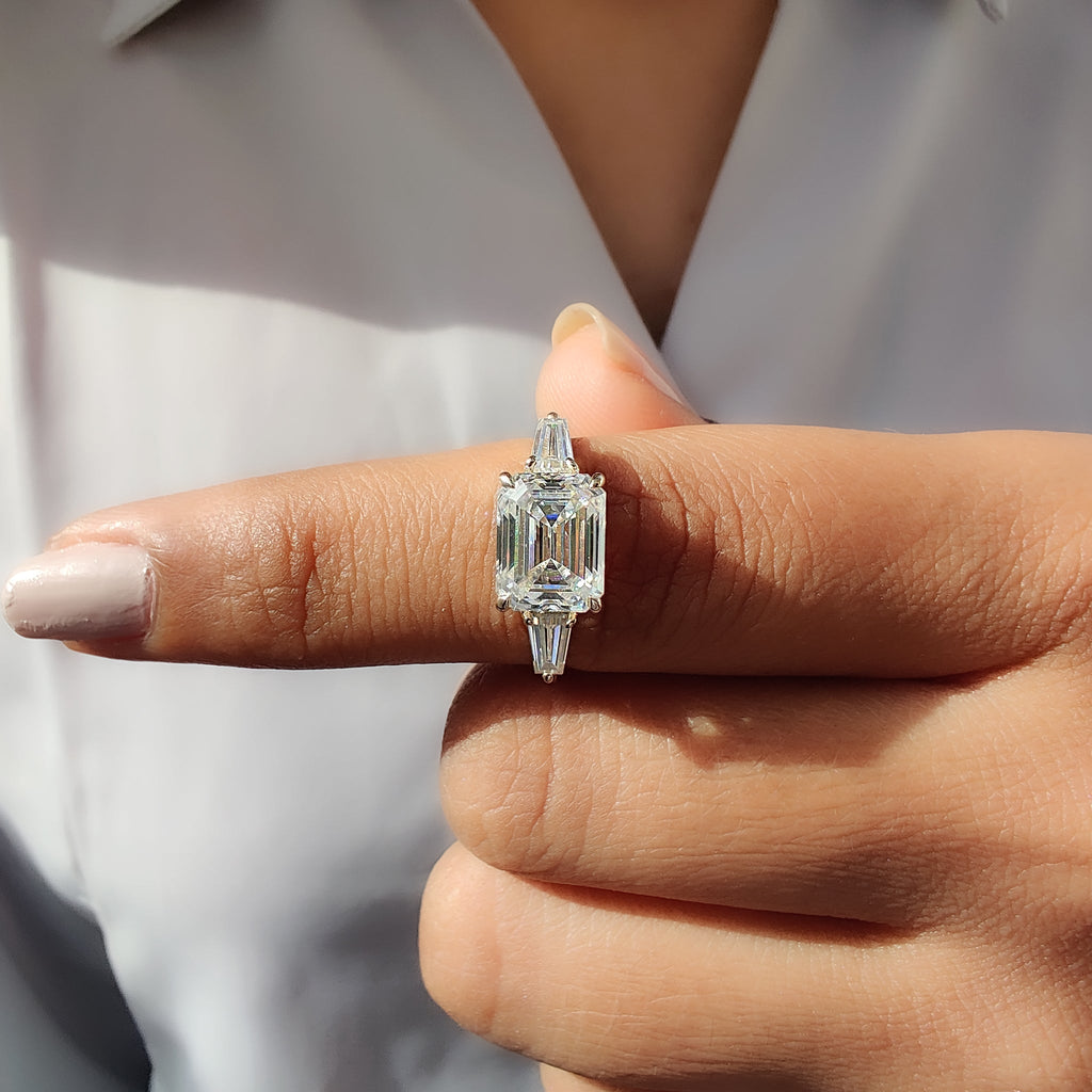 Three Stone Emerald Cut Moissanite Ring