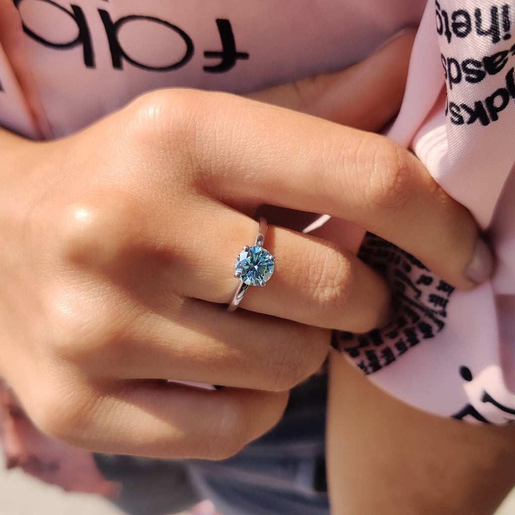 Moissanite Solitaire Ring In Cyan Blue Stone