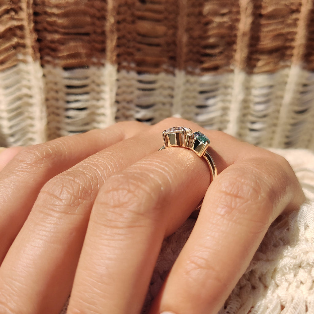 Three Stone Moissanite Ring In Marquise And Round Cut