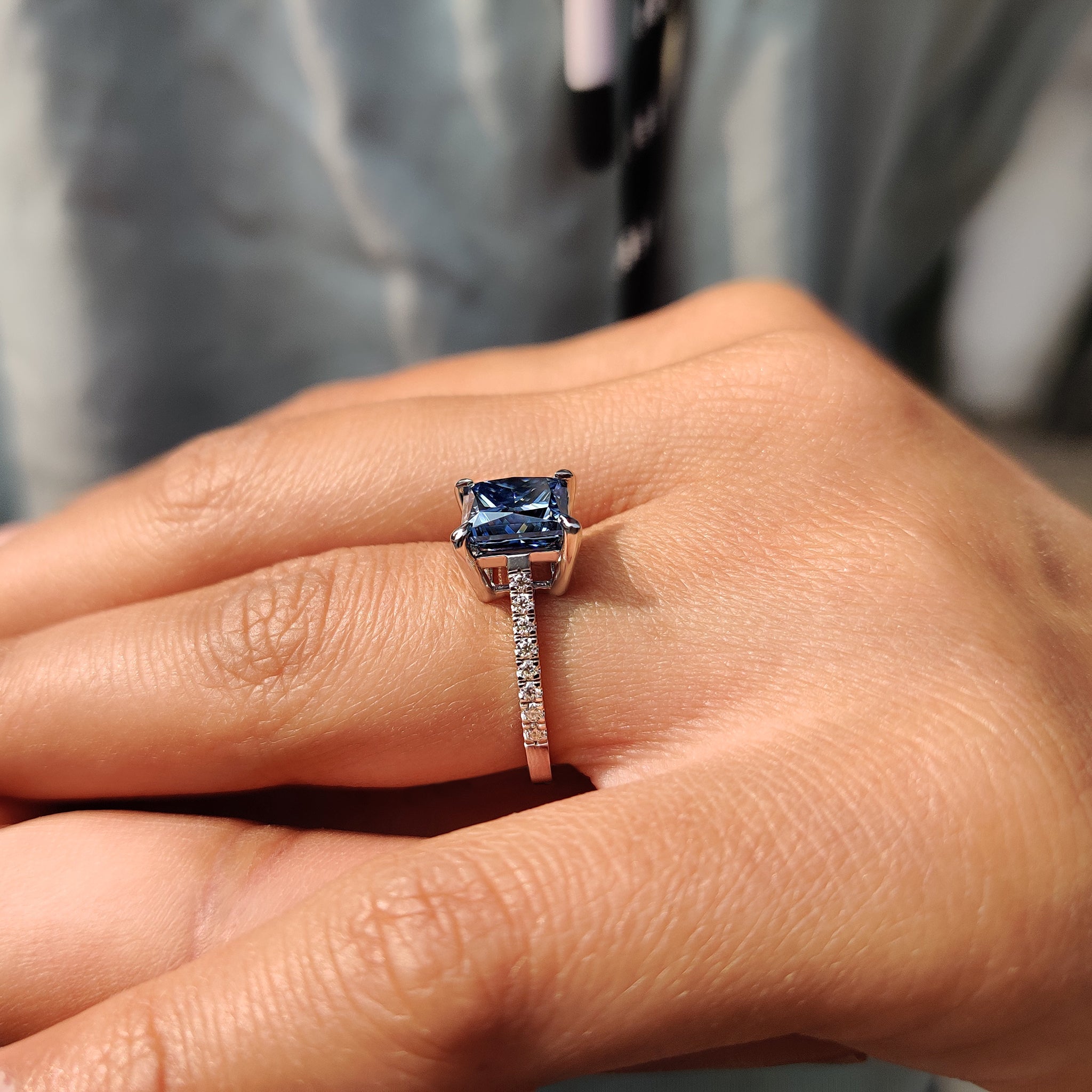 Royal Dark Blue Princess Cut Engagement Ring