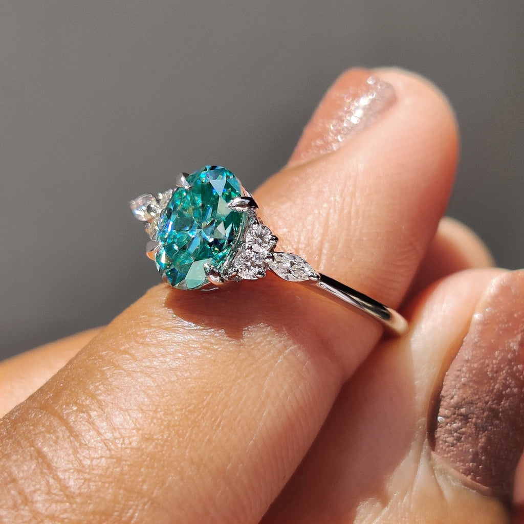7 Stone Moissanite Ring With Oval Cyan Blue Moissanite