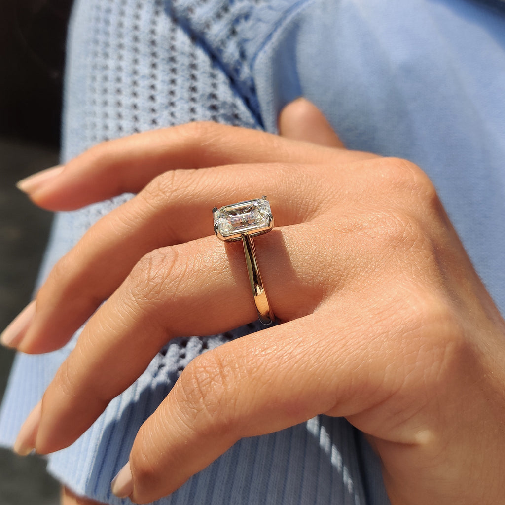 Cathedral Emerald Cut Ring With Tapered Shank Band