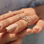 Curved Wedding Band With Round Cut Cyan Blue Stone