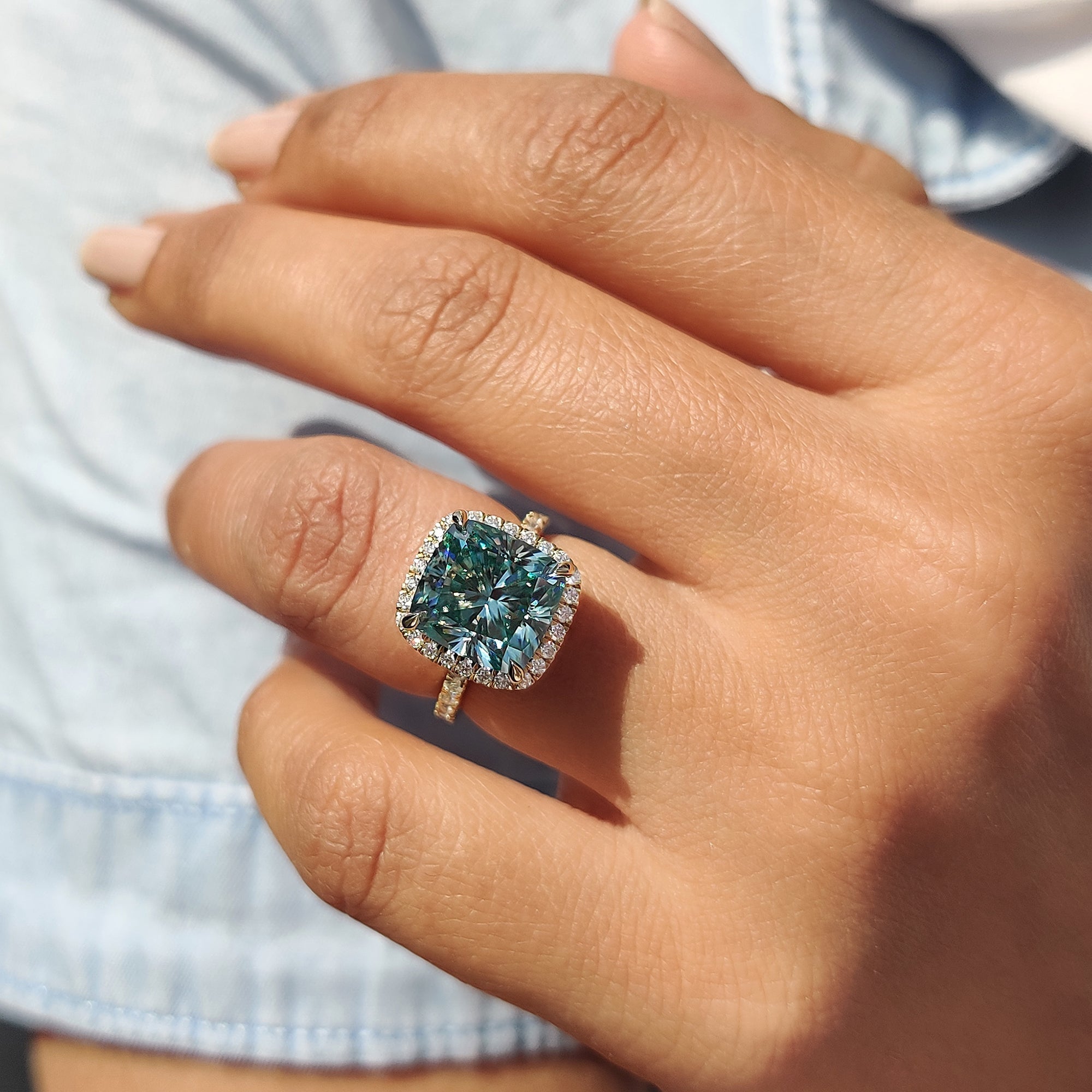 Cyan Blue Cushion Ring With Halo Setting Secondary image