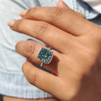Cyan Blue Cushion Ring With Halo Setting