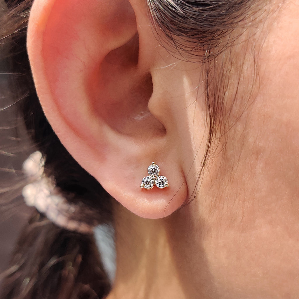 3 Stone Stud Earring In Round  Cut Moissanite