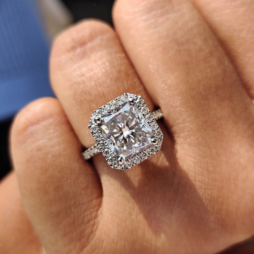Radiant Halo Engagement Ring With Pave Band