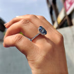 Royal Dark Blue Oval Hidden Halo Engagement Ring