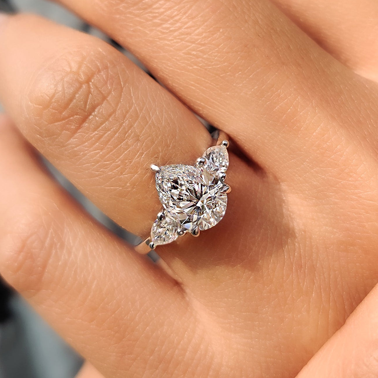 Three Stone Diamond Ring in Pear Diamond Setting Main image