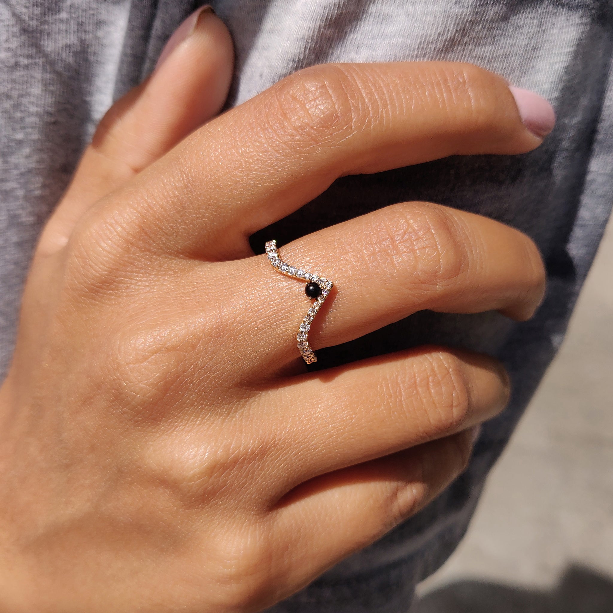 V Shaped Wedding Band With Black Stone