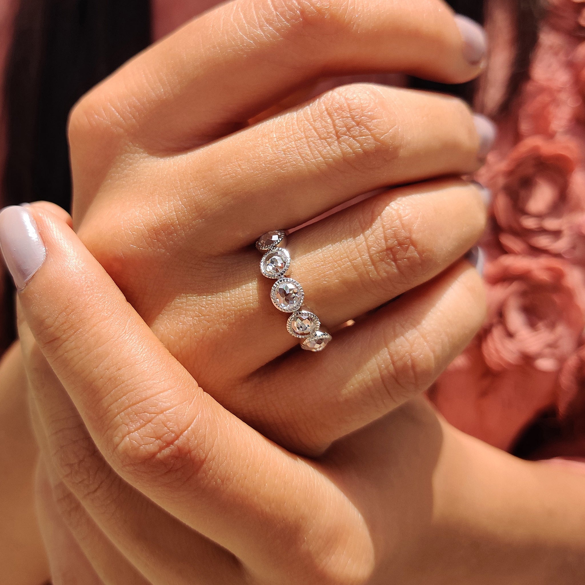 Round Rose Cut 5 Stone Wedding Band With Milgrain Set