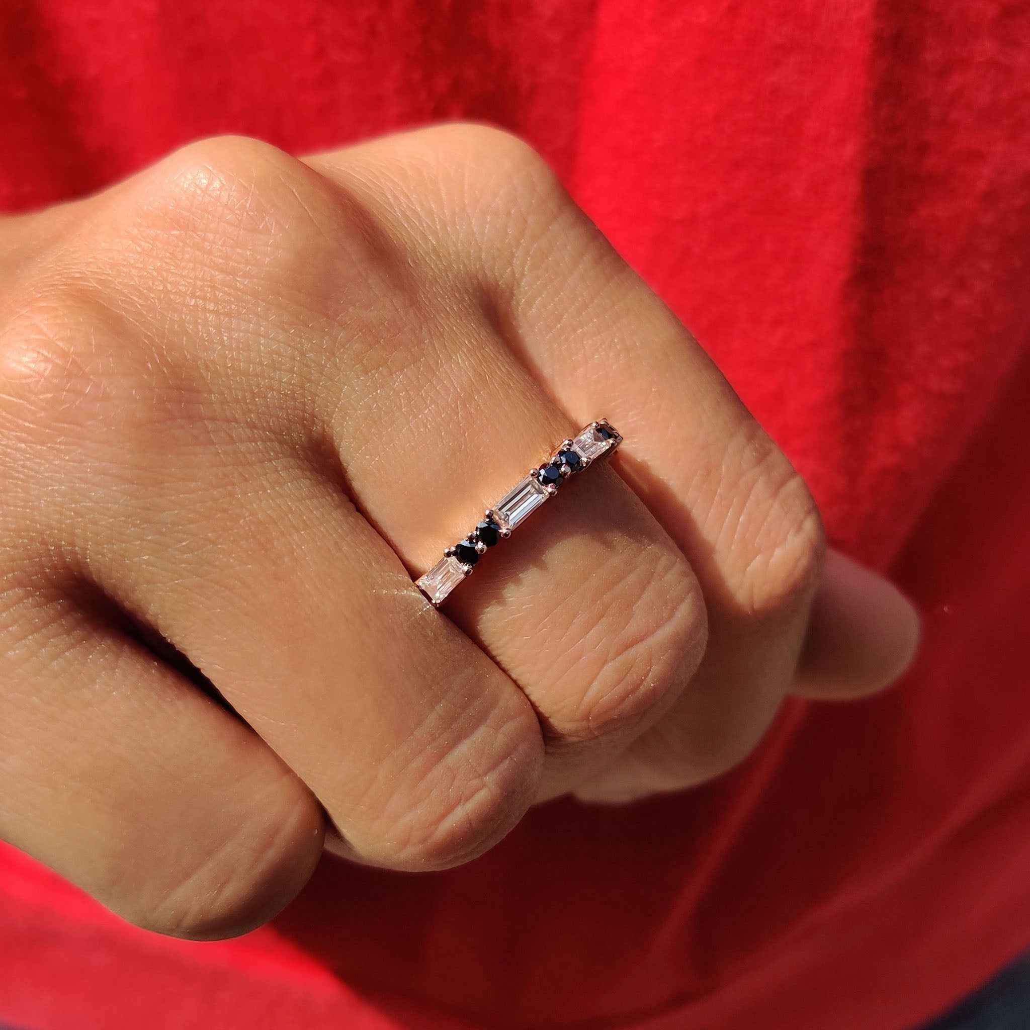 Baguette And Round Wedding Band With Black Moissanite