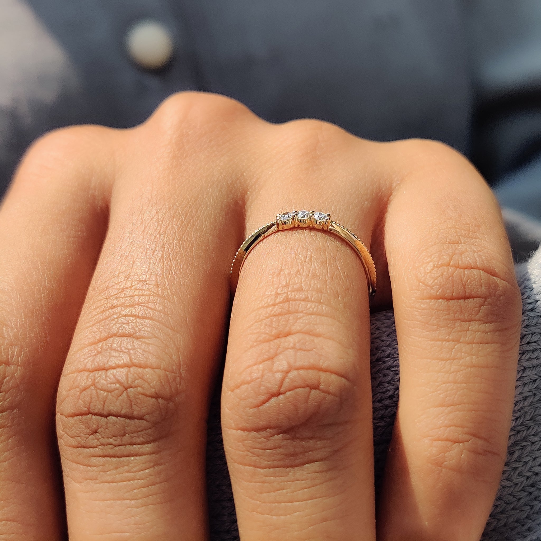3 Stone Round Cut Diamond Milgrain Wedding Band