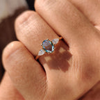 Cyan Blue Oval Rose Cut Ring with 2 Pear Side Stone