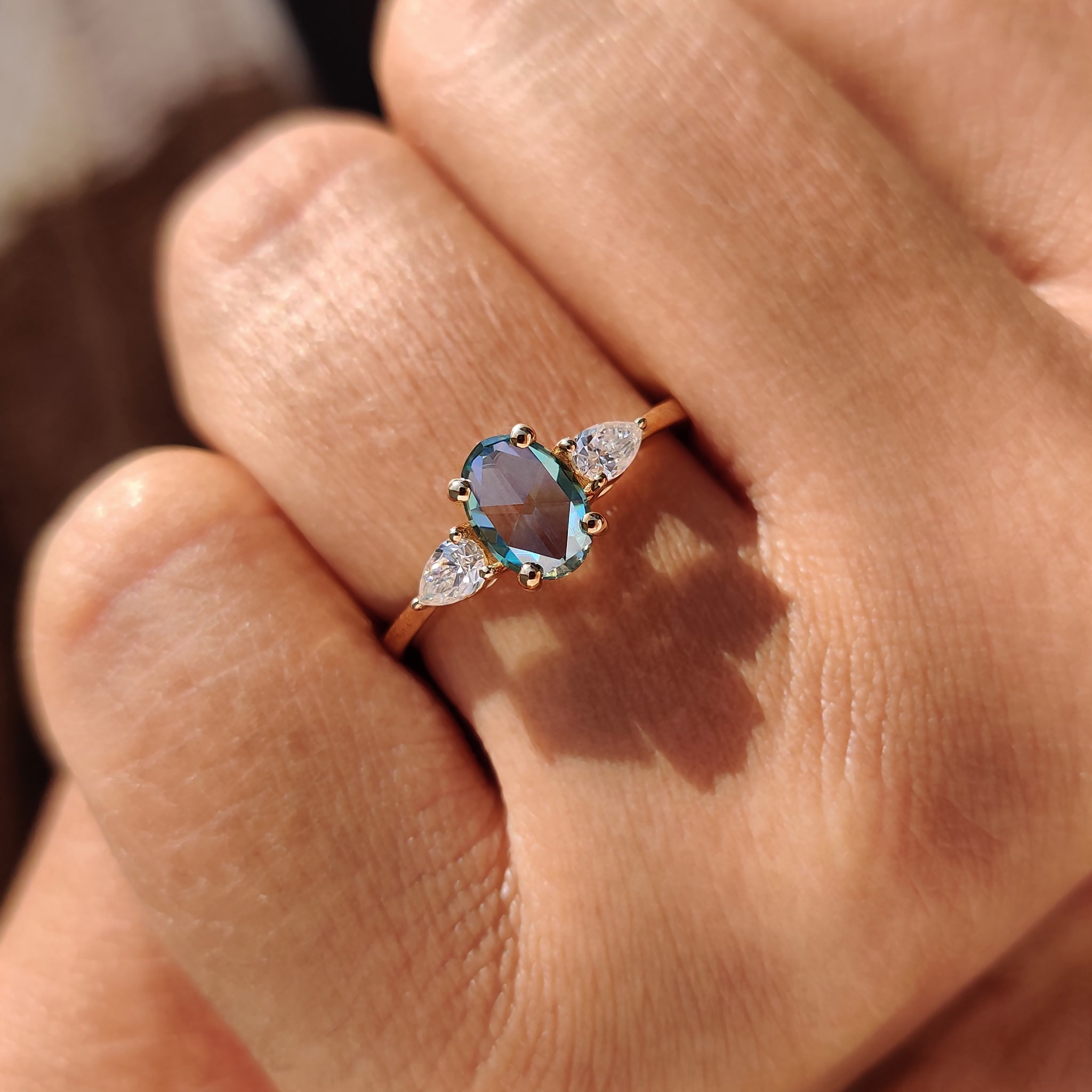 Cyan Blue Oval Rose Cut Ring with 2 Pear Side Stone