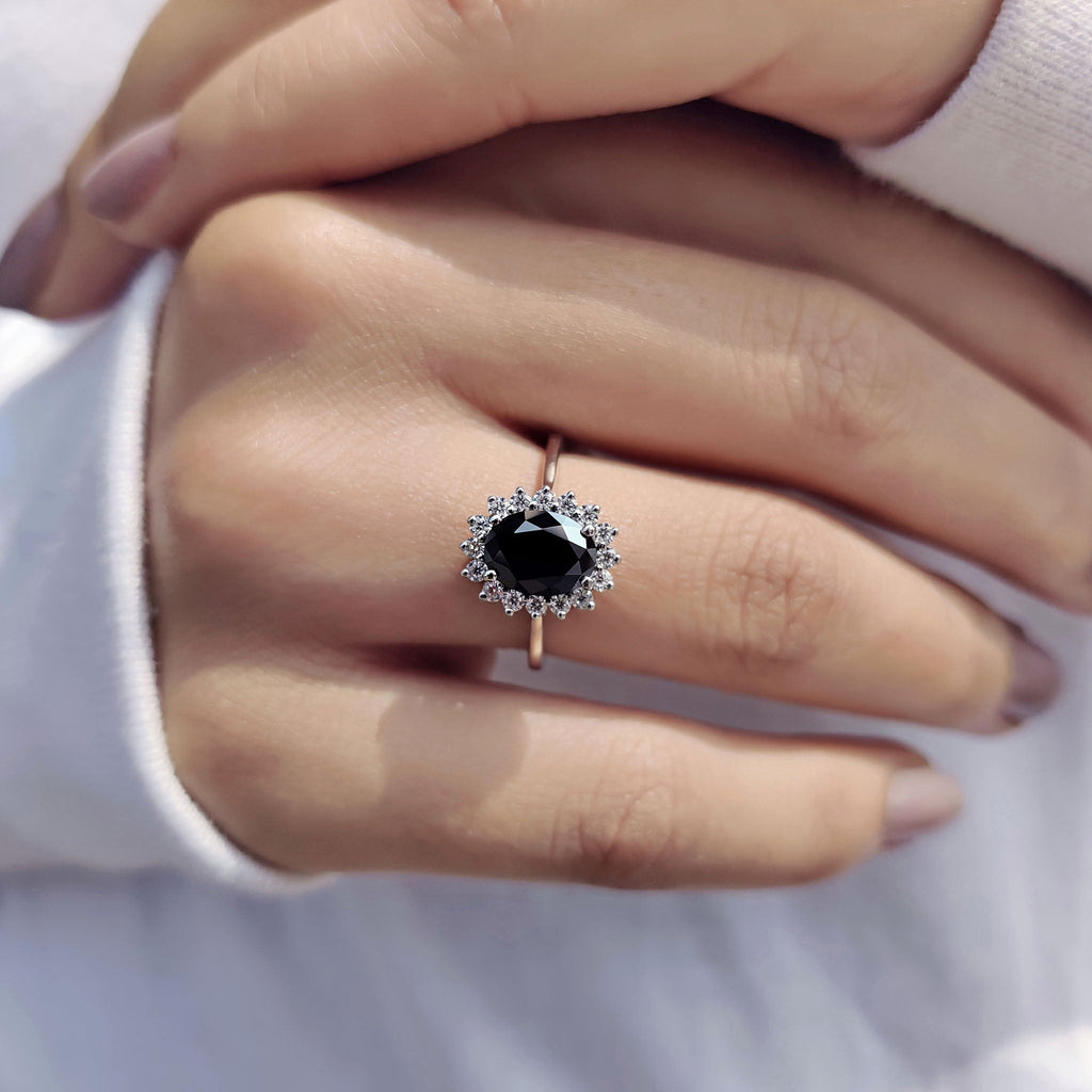 Tapered Shank Black Oval Engagement Ring