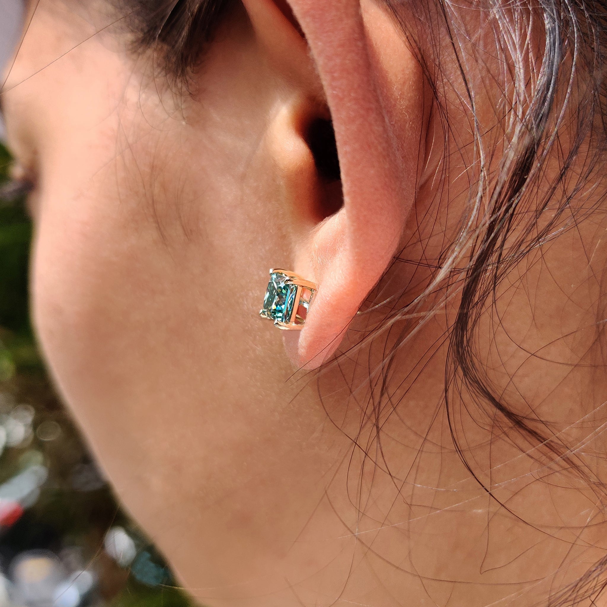 Cyan Blue Princess Cut Moissanite Earrings