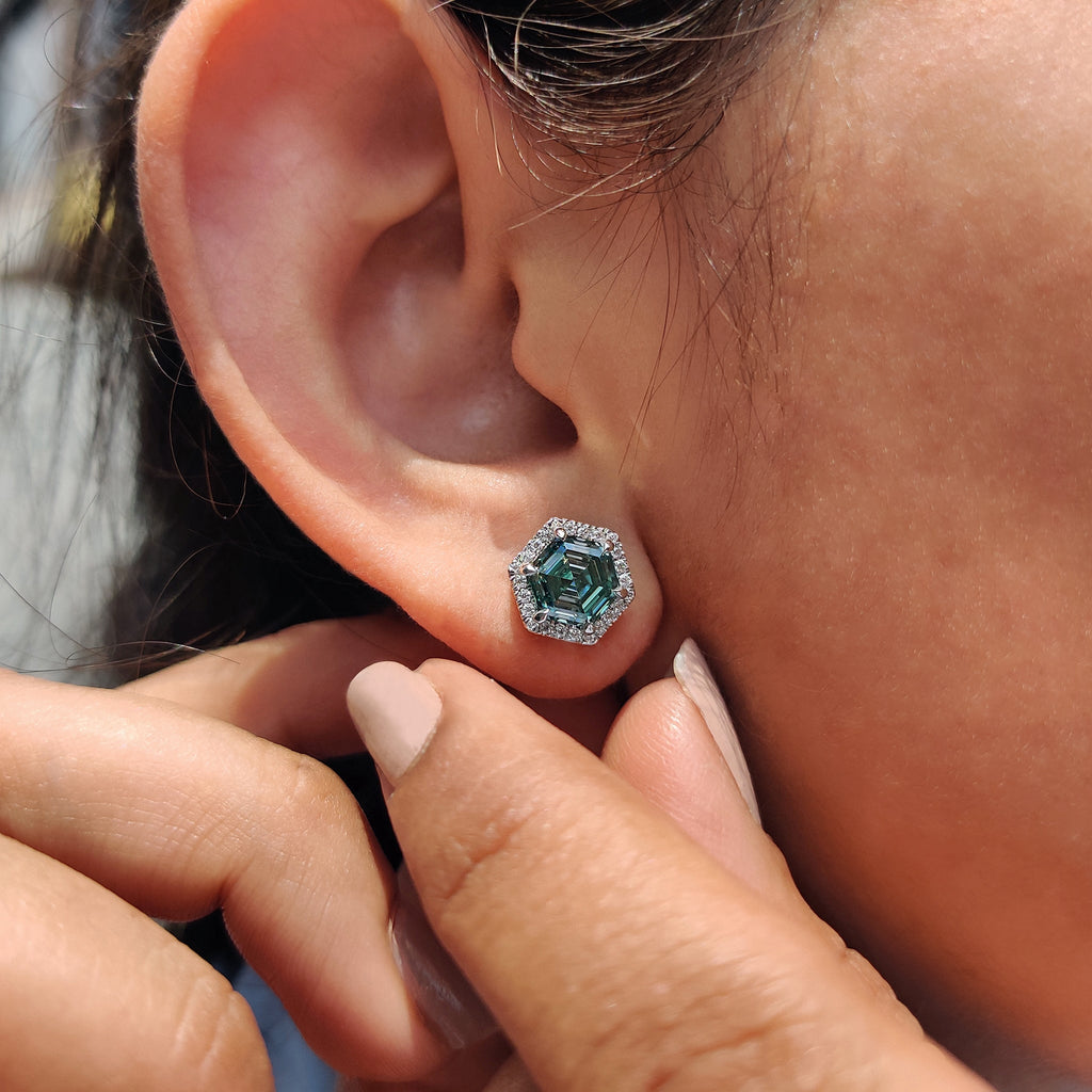 Cyan Blue Hexagon Step Cut Earrings In Halo Style