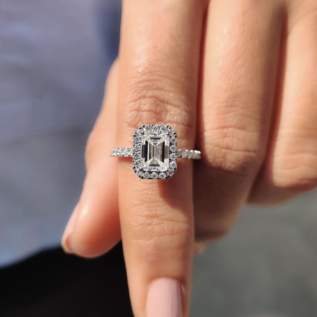 Emerald cut halo ring In Round Cut Pave Band