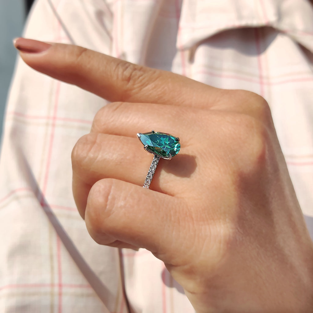 Green Moissanite Pear Ring With Pave Band