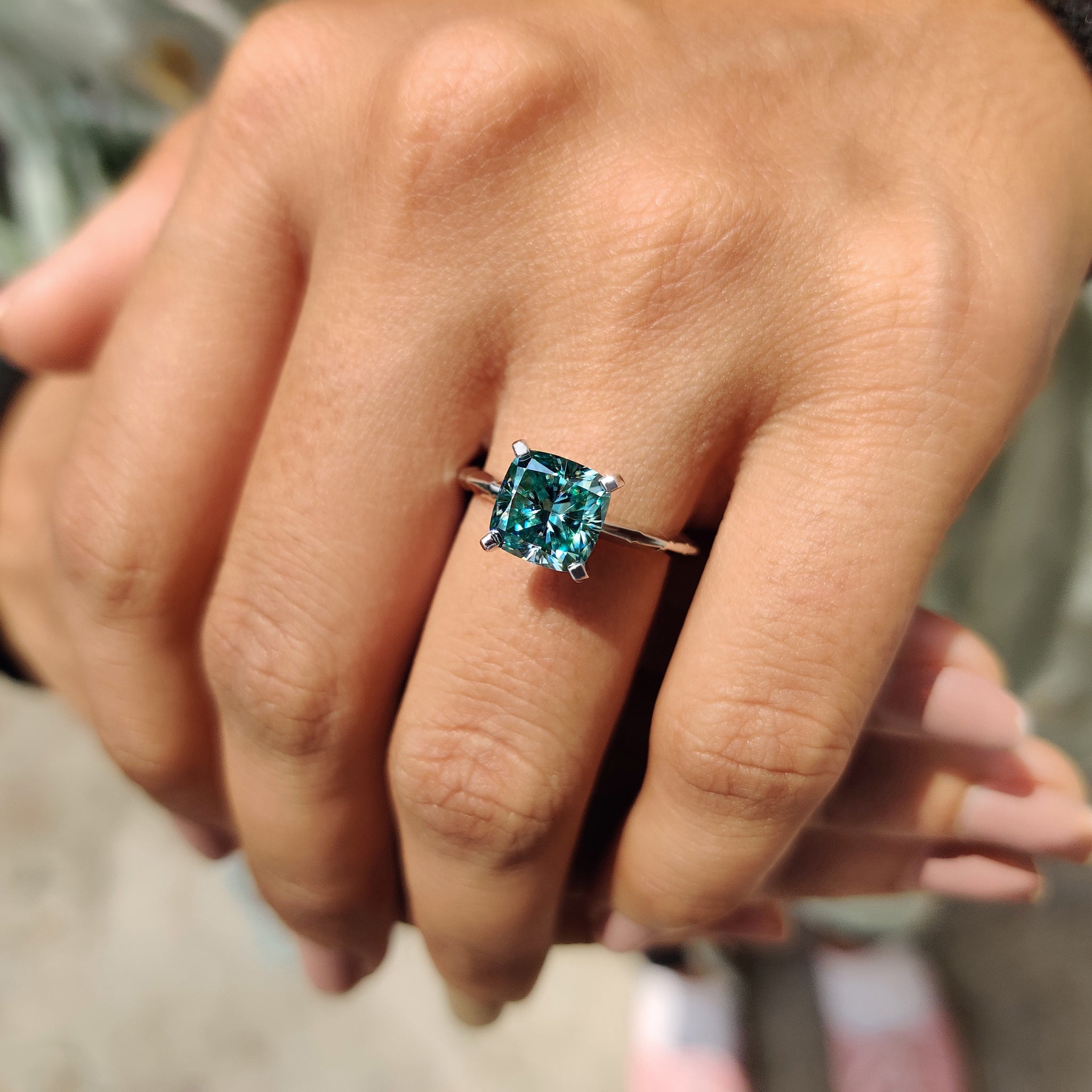 Cyan Blue Cushion Cut Gold Solitaire Engagement Ring
