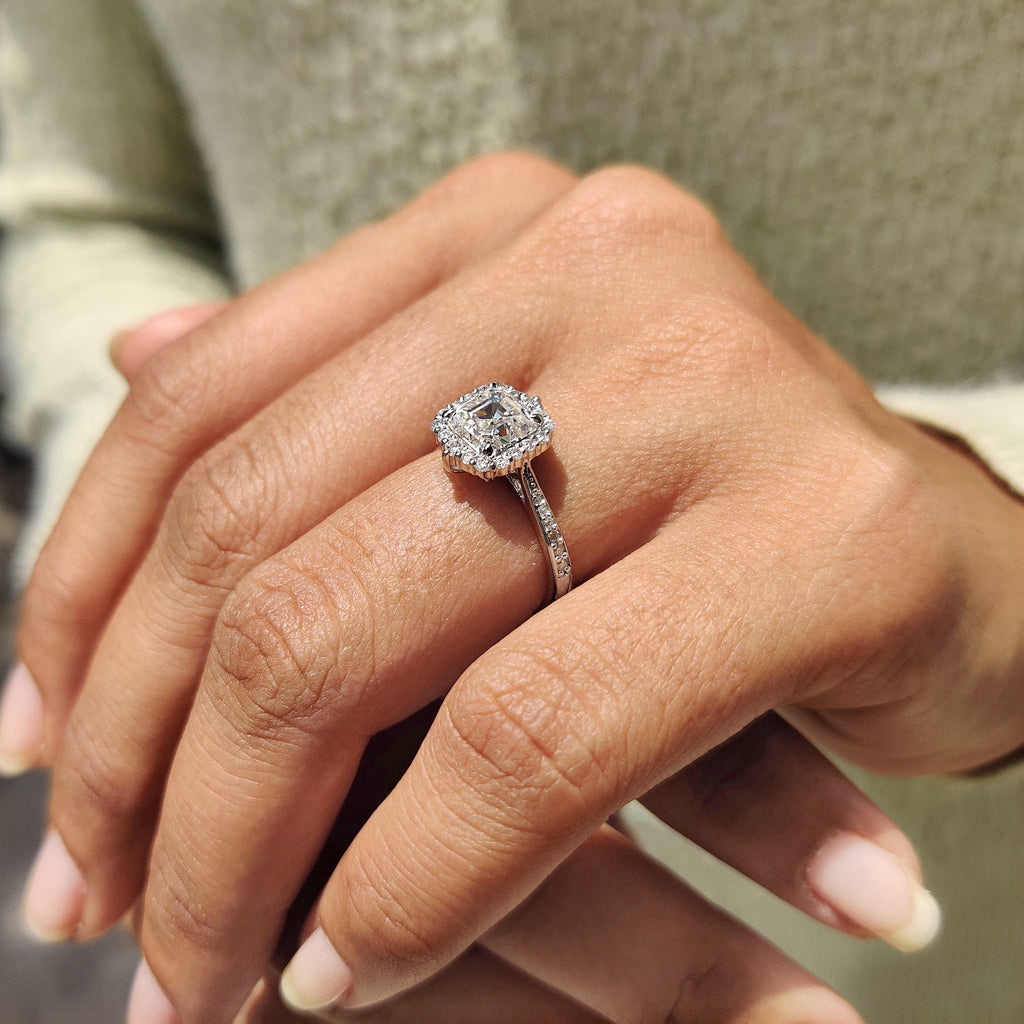 Asscher Cut Moissanite Ring In Tapered Pave Band
