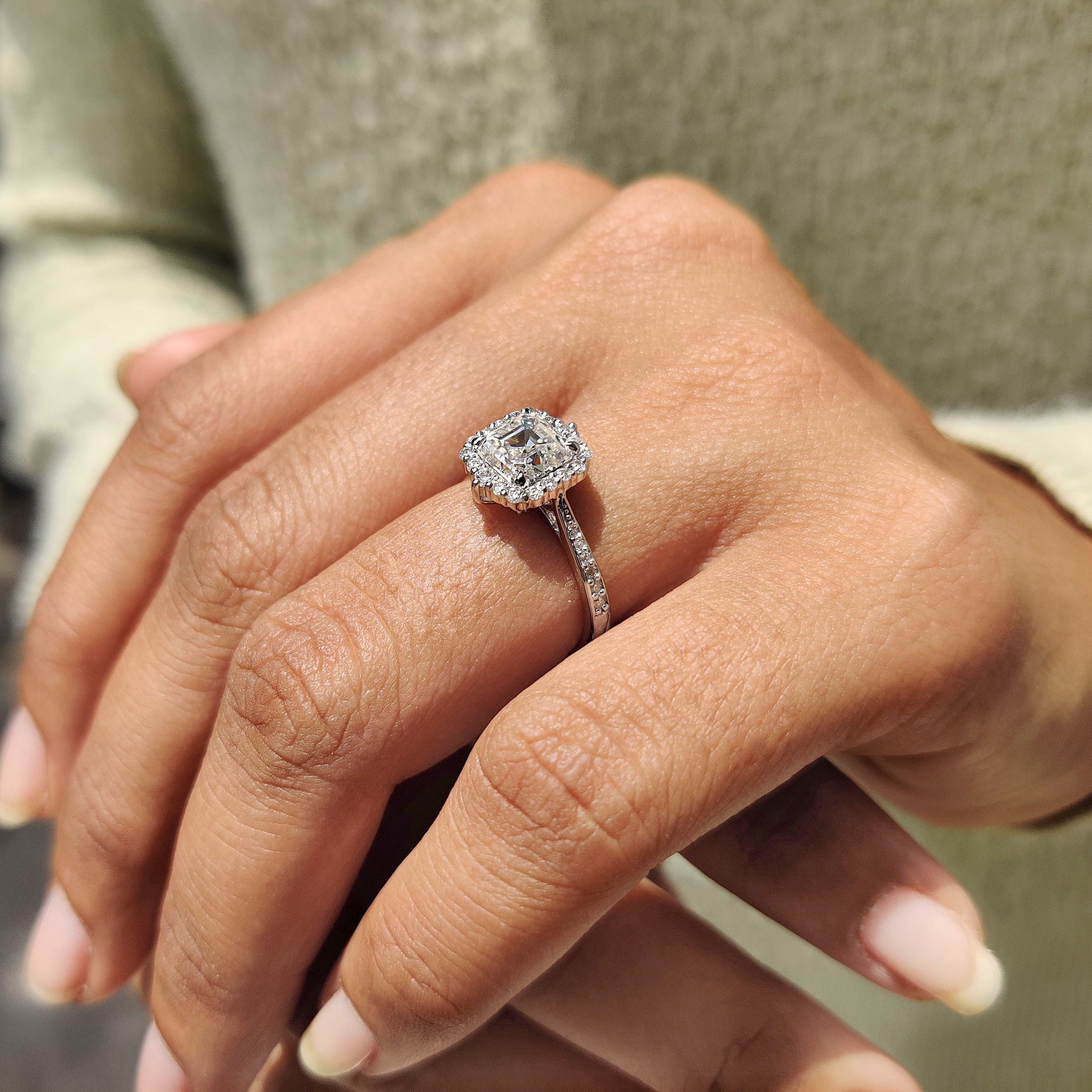 Asscher Cut Moissanite Ring In Tapered Pave Band