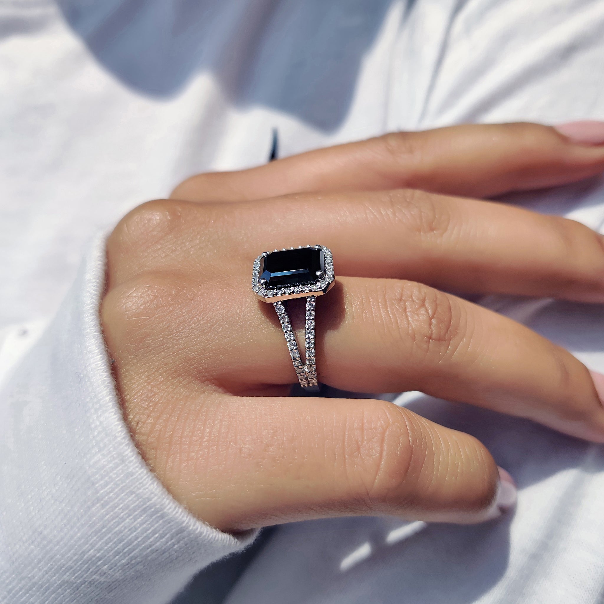 Halo Setting Black Gold Emerald Ring Secondary image