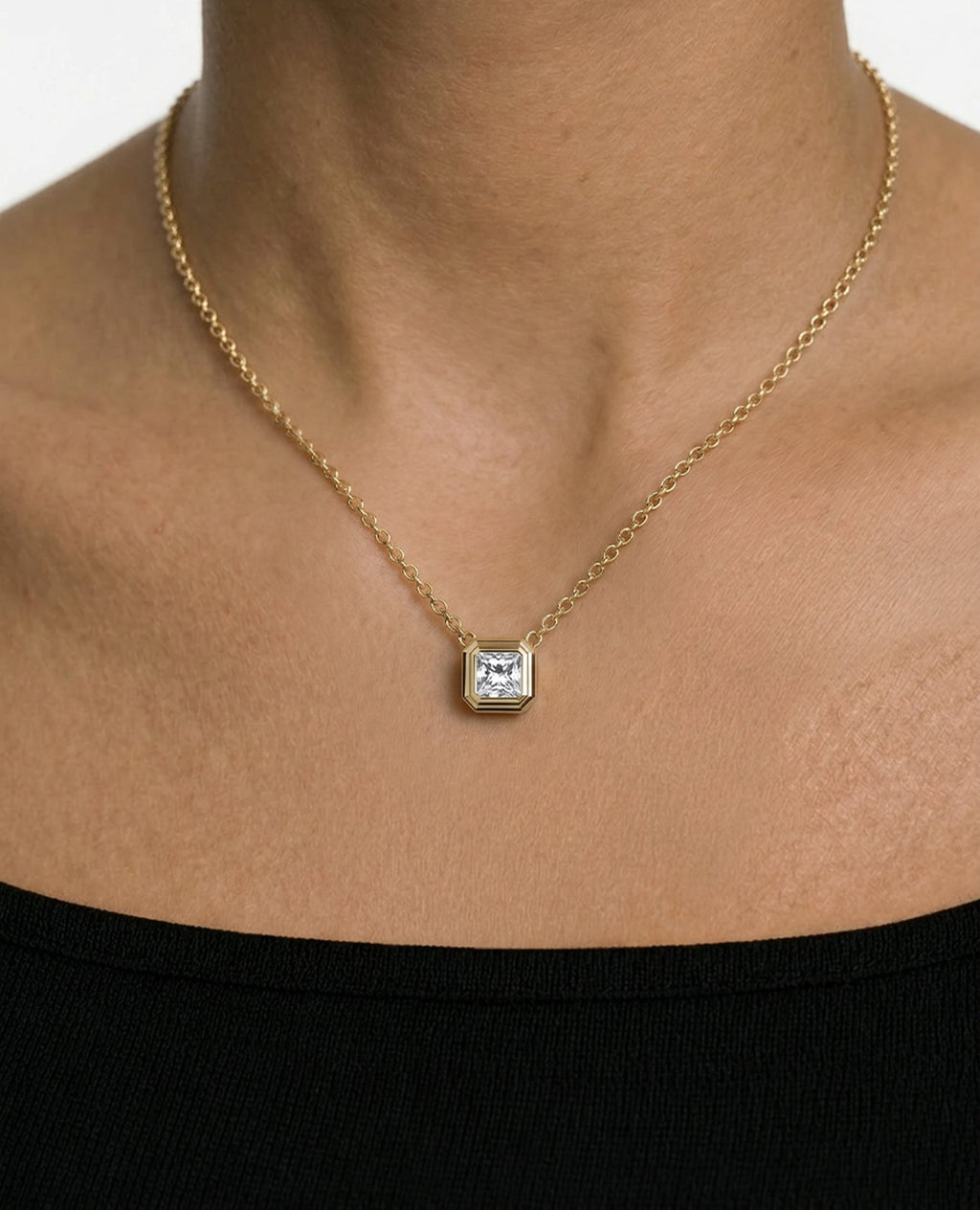 LODE Solitaire Bezel Set Floating Princess Cut Diamond Pendant Necklace