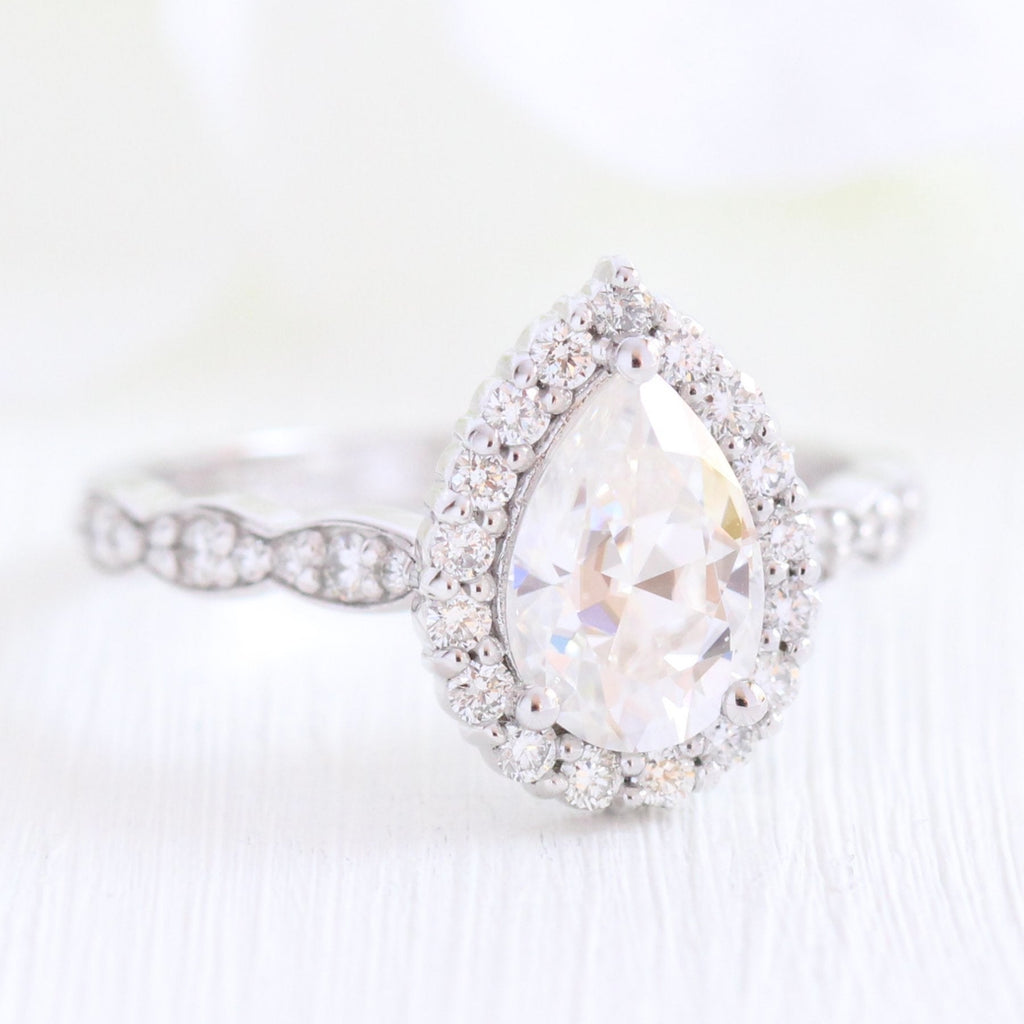1.50 CT Pear Cut Moissanite Halo Engagement Ring