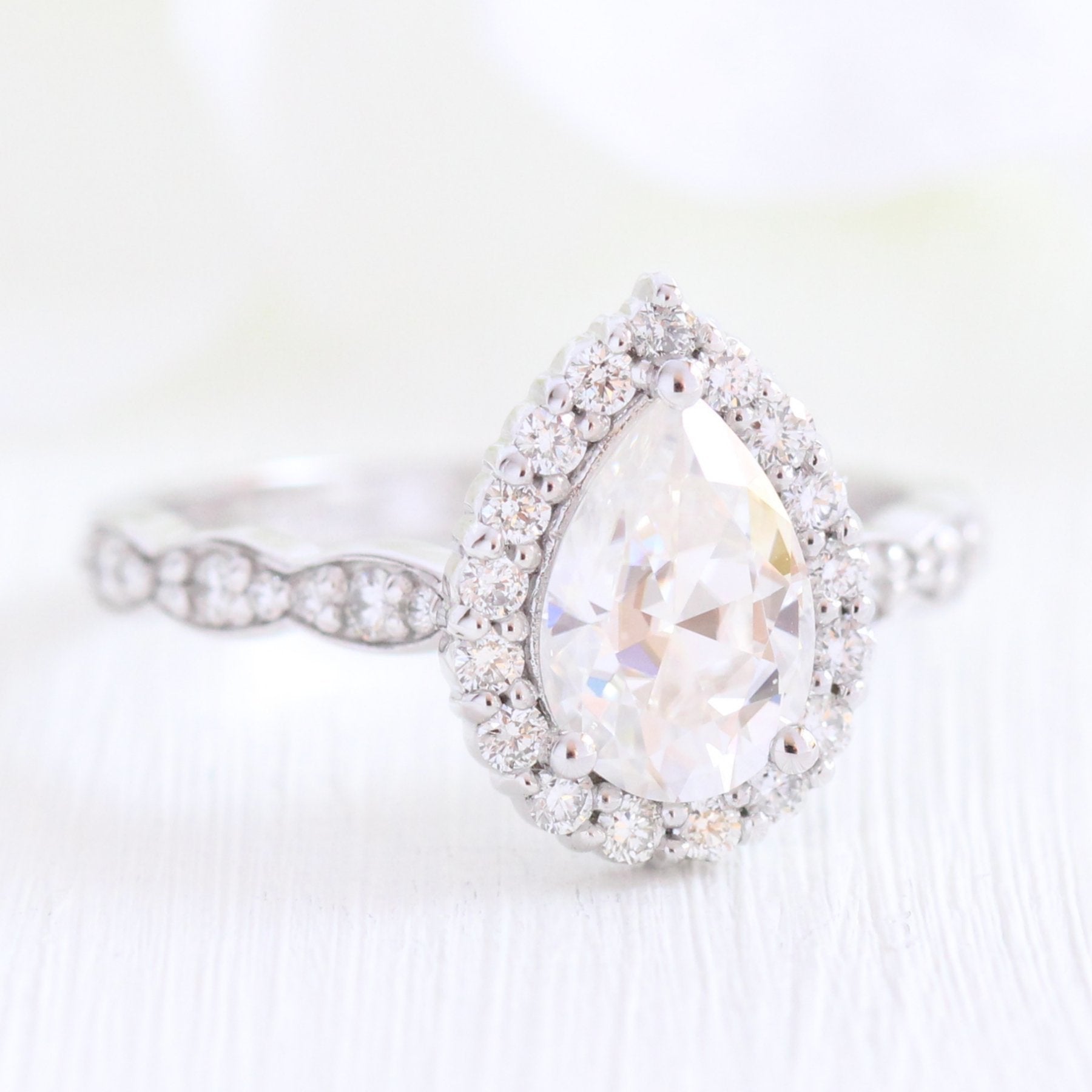1.50 CT Pear Cut Moissanite Halo Engagement Ring