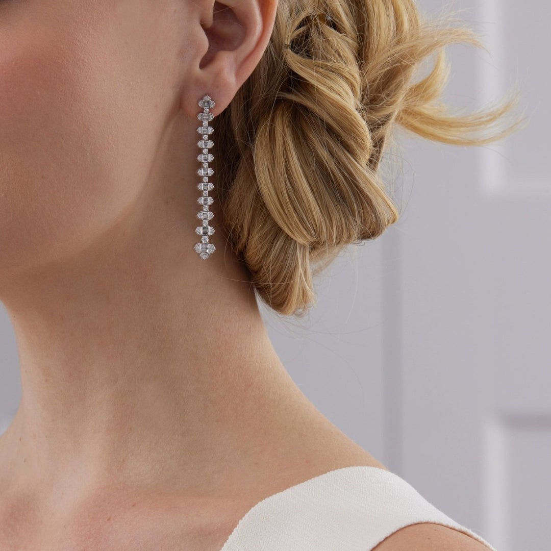 2.62 TCW Round & Baguette Moissanite Diamond Long Drop Earrings