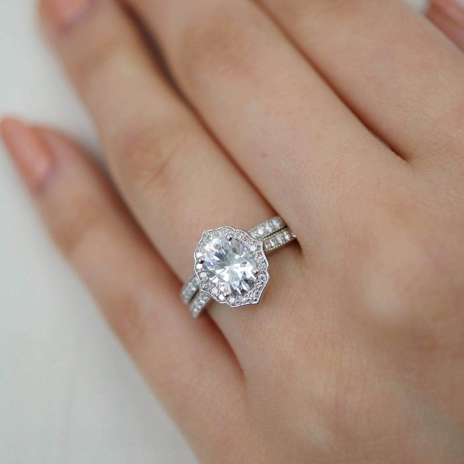 1.50CT Oval Cut Moissanite Halo Bridal Ring Set