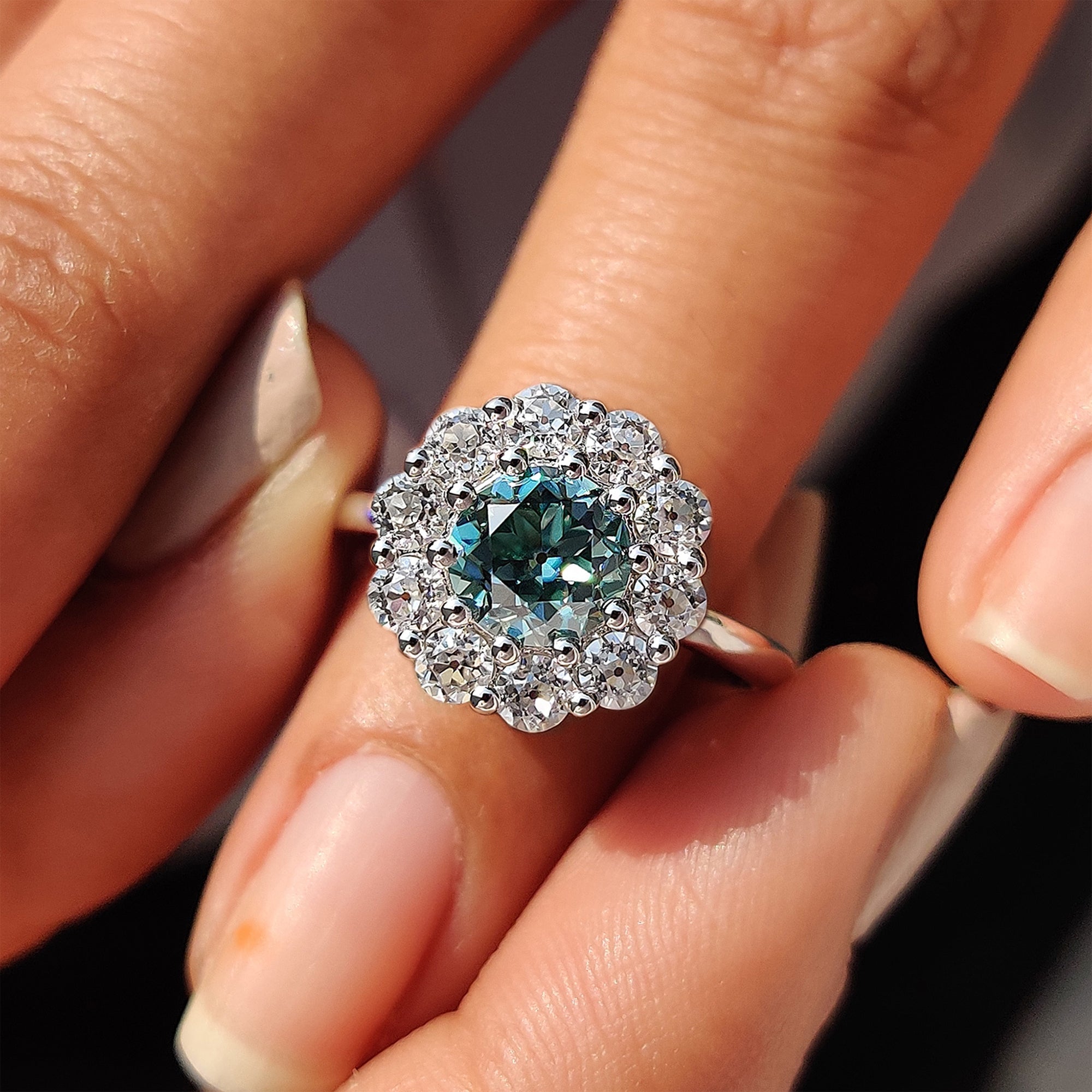 Cluster Engagement Ring With Round OEC Cut Moissanite
