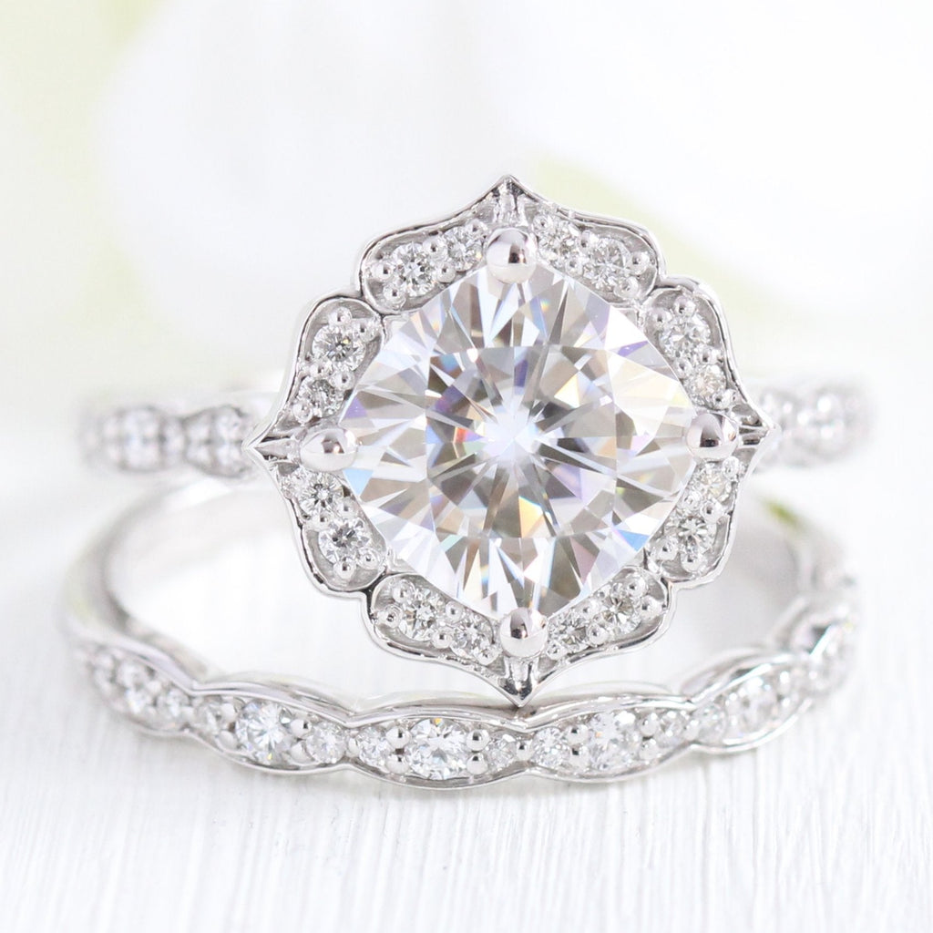 2.30 CT Cushion Moissanite Vintage Halo Bridal Ring Set