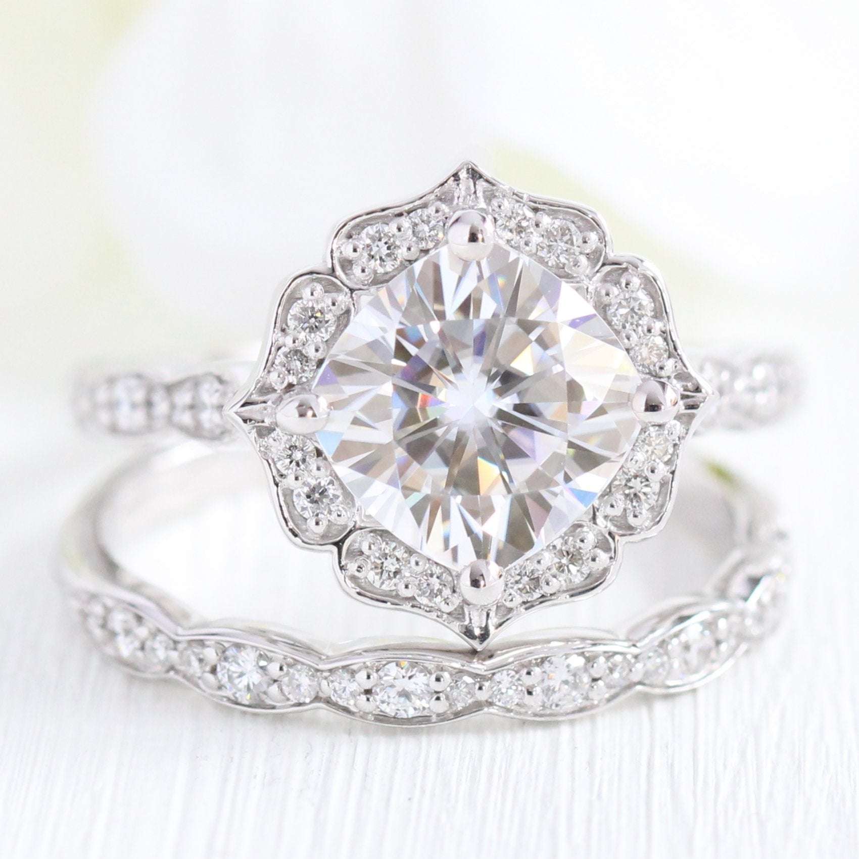 2.30 CT Cushion Moissanite Vintage Halo Bridal Ring Set