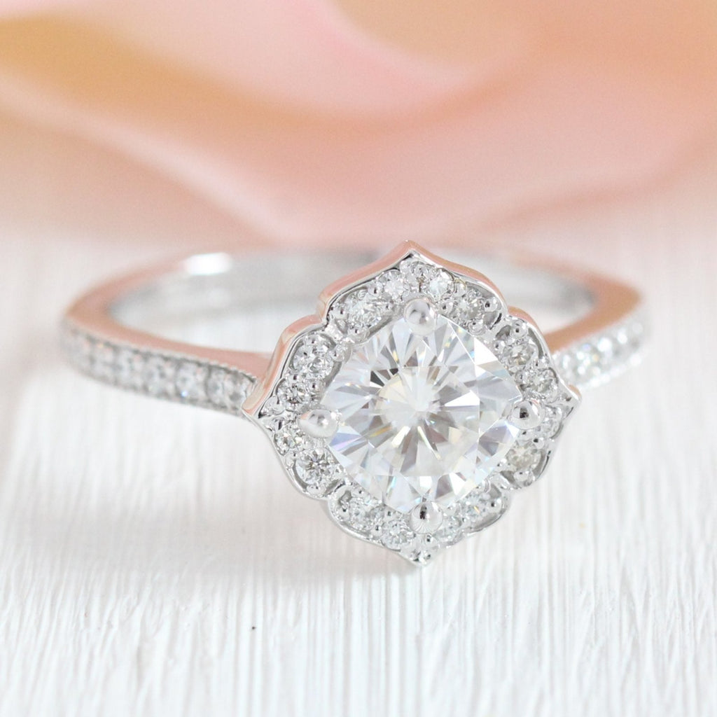 1.0 CT Cushion Cut Vintage Halo Style Moissanite Engagement Ring