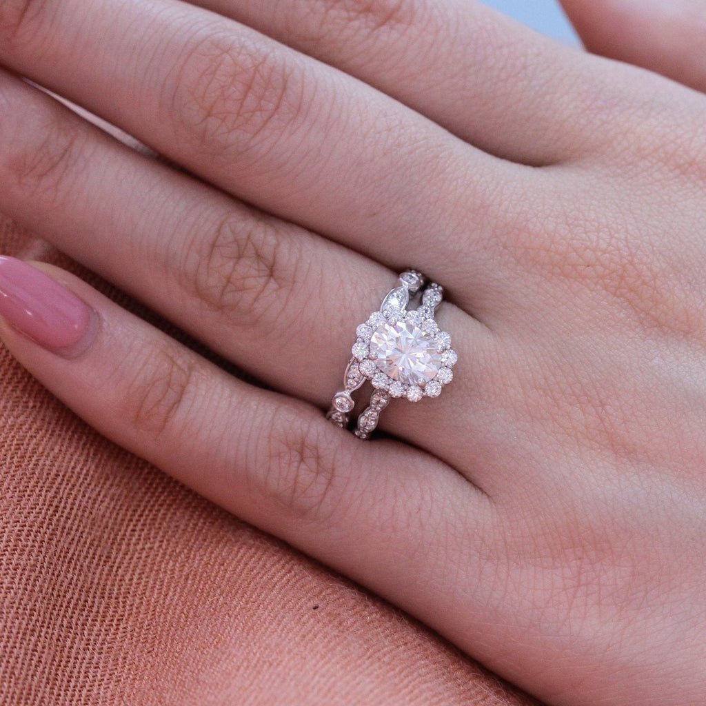 1.50CT Oval Cut Moissanite Halo Bridal Ring Set