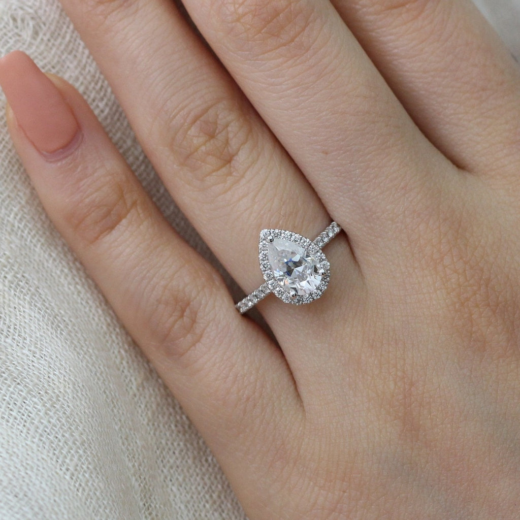 1.50 CT Pear Cut Moissanite Halo Engagement Ring