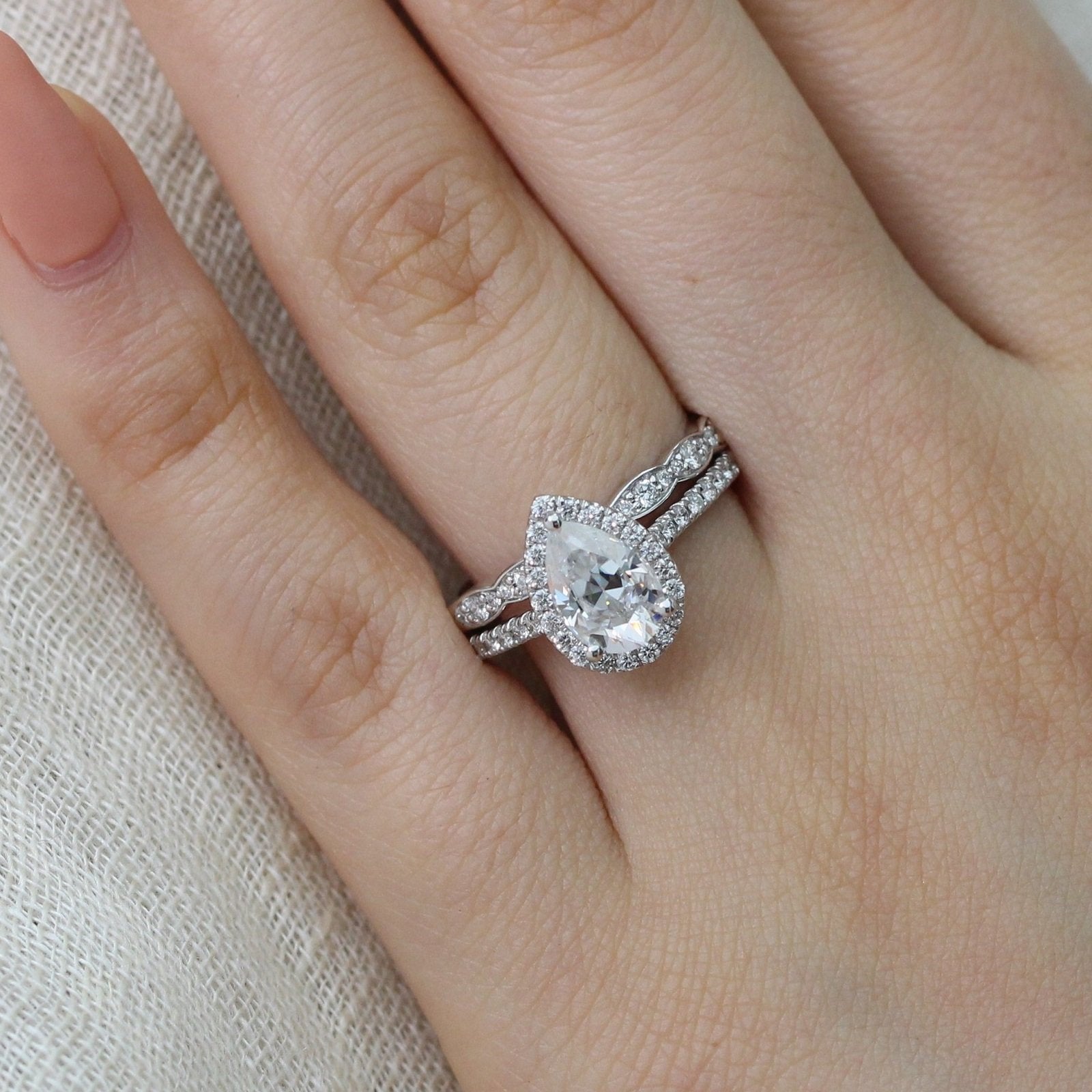 1.50CT Pear Cut Moissanite Halo Bridal Ring Set