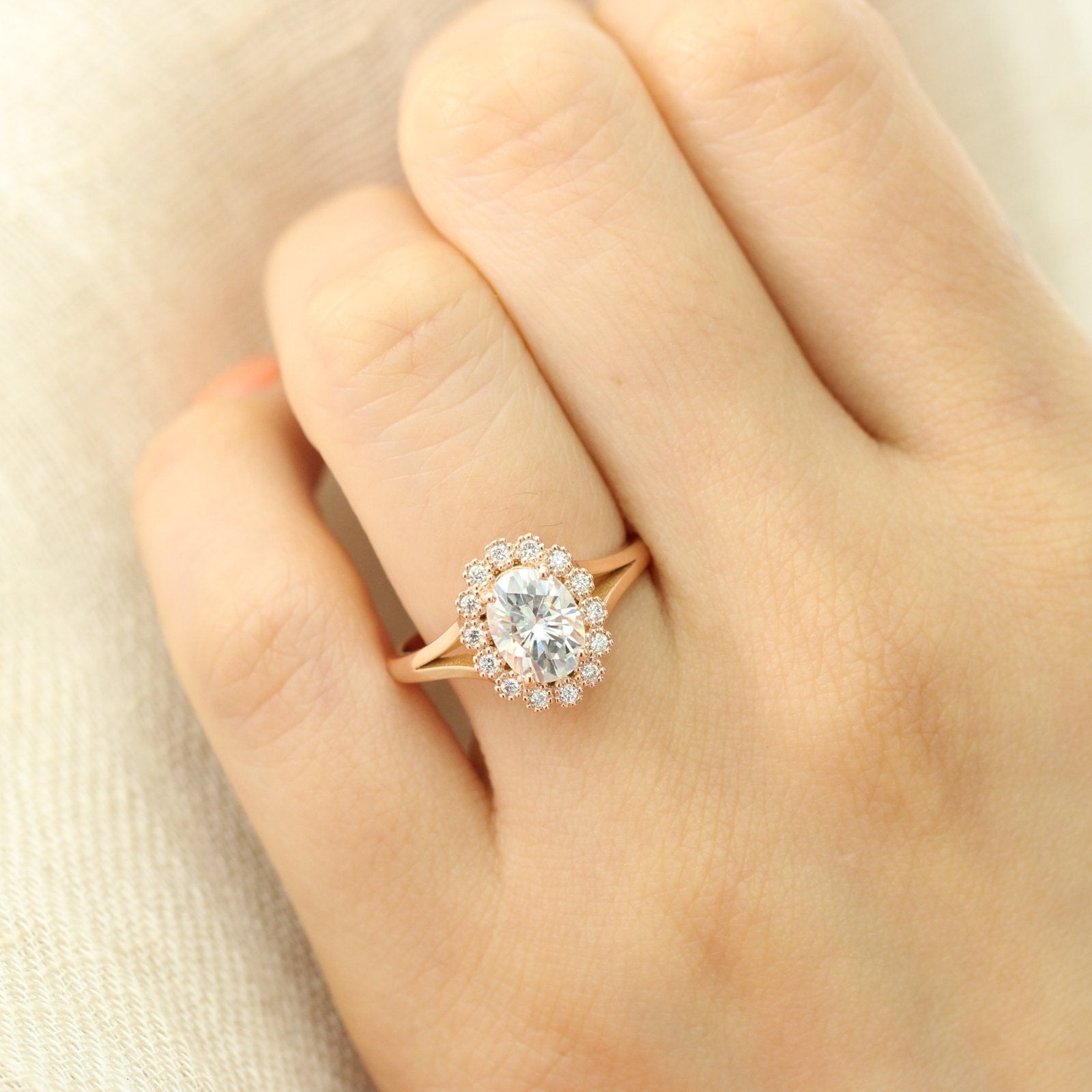1.50 CT Oval Cut Moissanite Halo Split Shank Style Engagement Ring